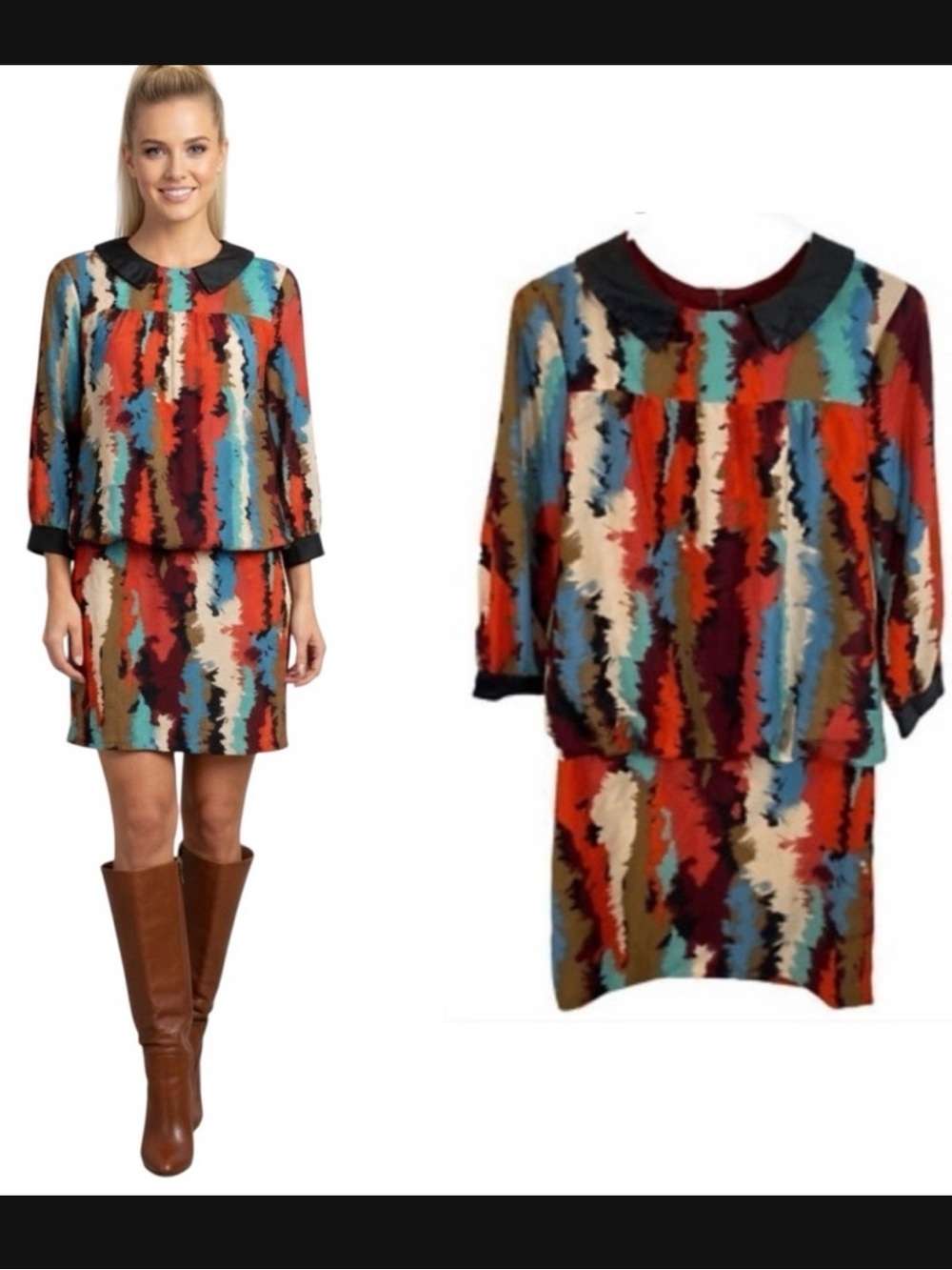 Walker Baker Leather Trim Retro Watercolor Drop Waist Mini Dress Size Medium